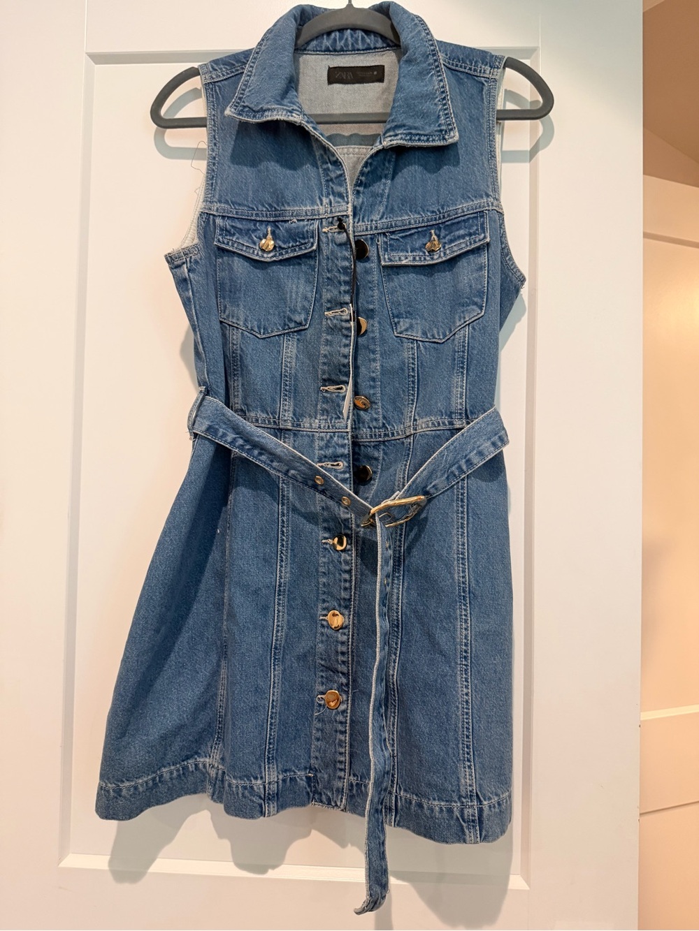 Zara Blue Sleeveless Denim Mini Dress with Belt